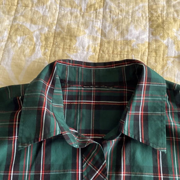 Beautiful tartan 3/4 sleeve button down shirt with gold thread XL EUC HOLIDAY - Picture 3 of 16
